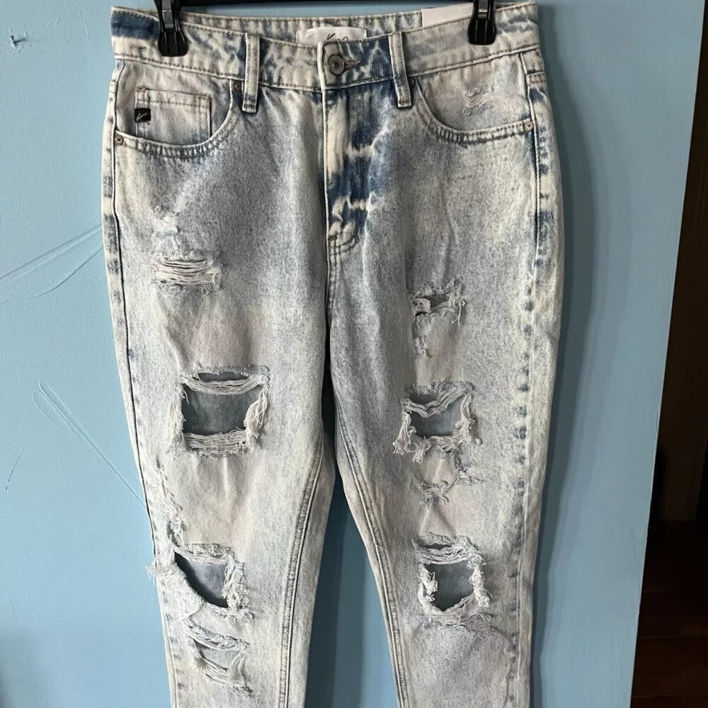 Kancan Amy Distressed Mom Jeans High Rise Frayed Hem Ankle Sz 5